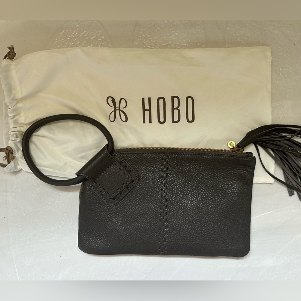 HOBO Gray Leather Wristlet with Tassel